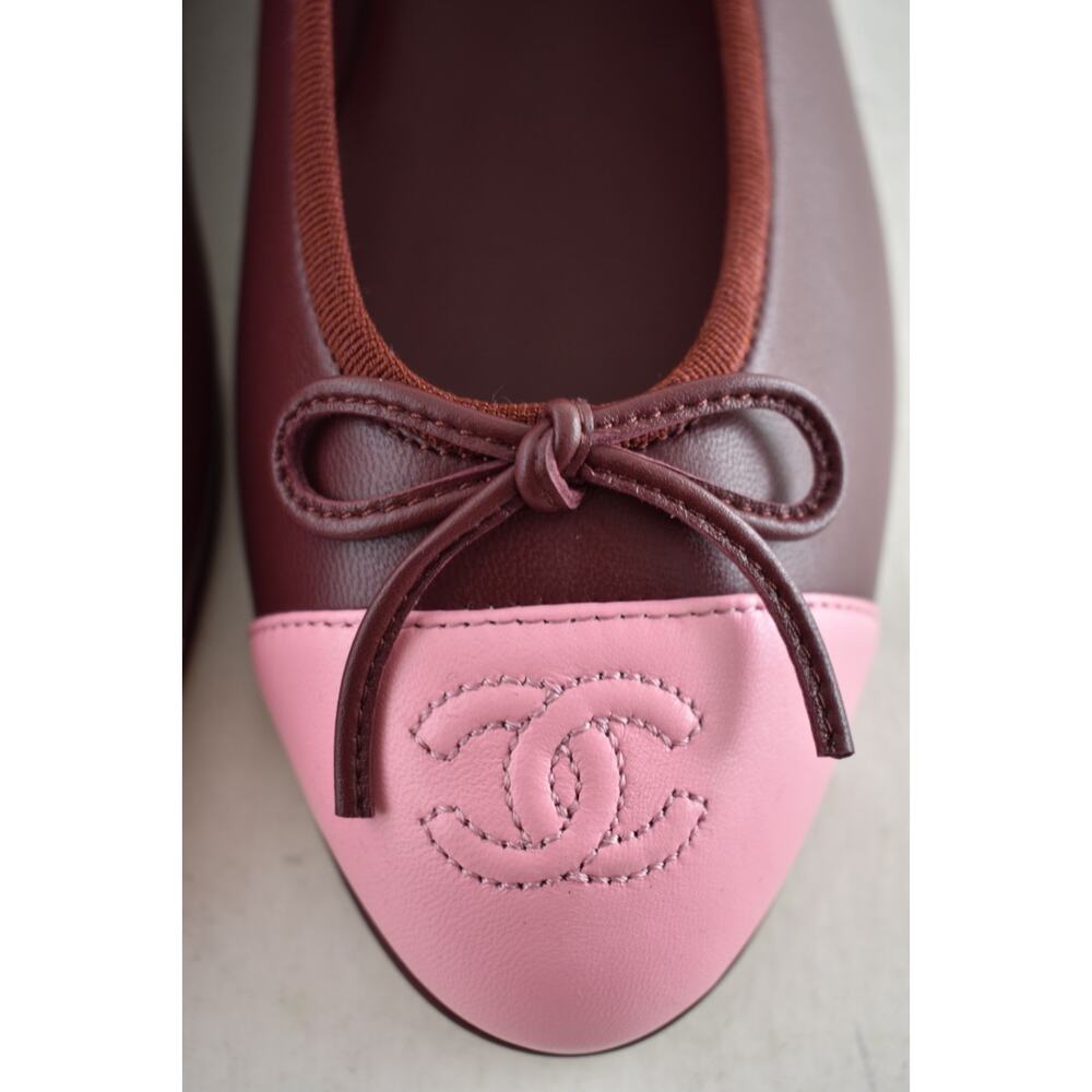 Chanel 26S Burgundy Red Pink Lambskin Leather CC Logo Ballet Ballerina Flat 37.5 - Picture 11 of 16
